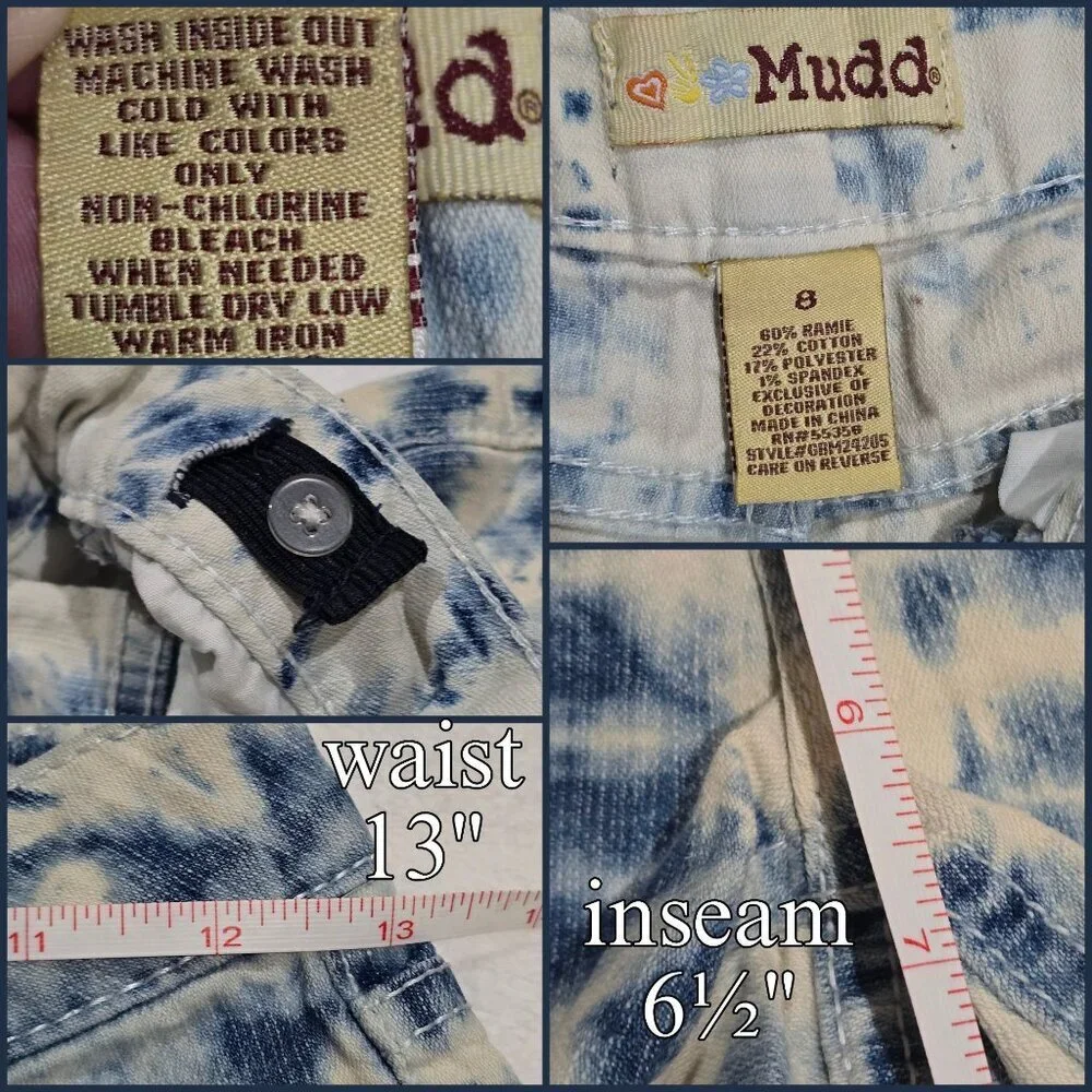 Mudd Girls Blue White Tie Dye Raw Hem Adjustable Waist Denim Shorts Excellent 8